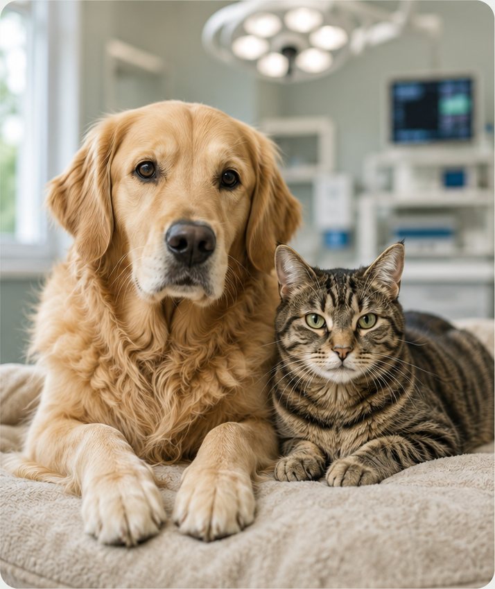 Golden retriever and tabby cat in a veterinary hospital