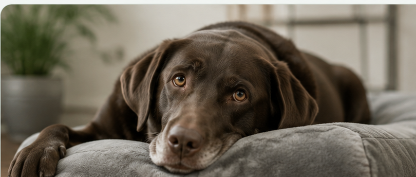 Chocolate Labrador resting comfortably