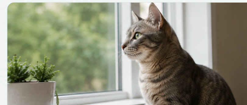 Tabby cat sitting by a window