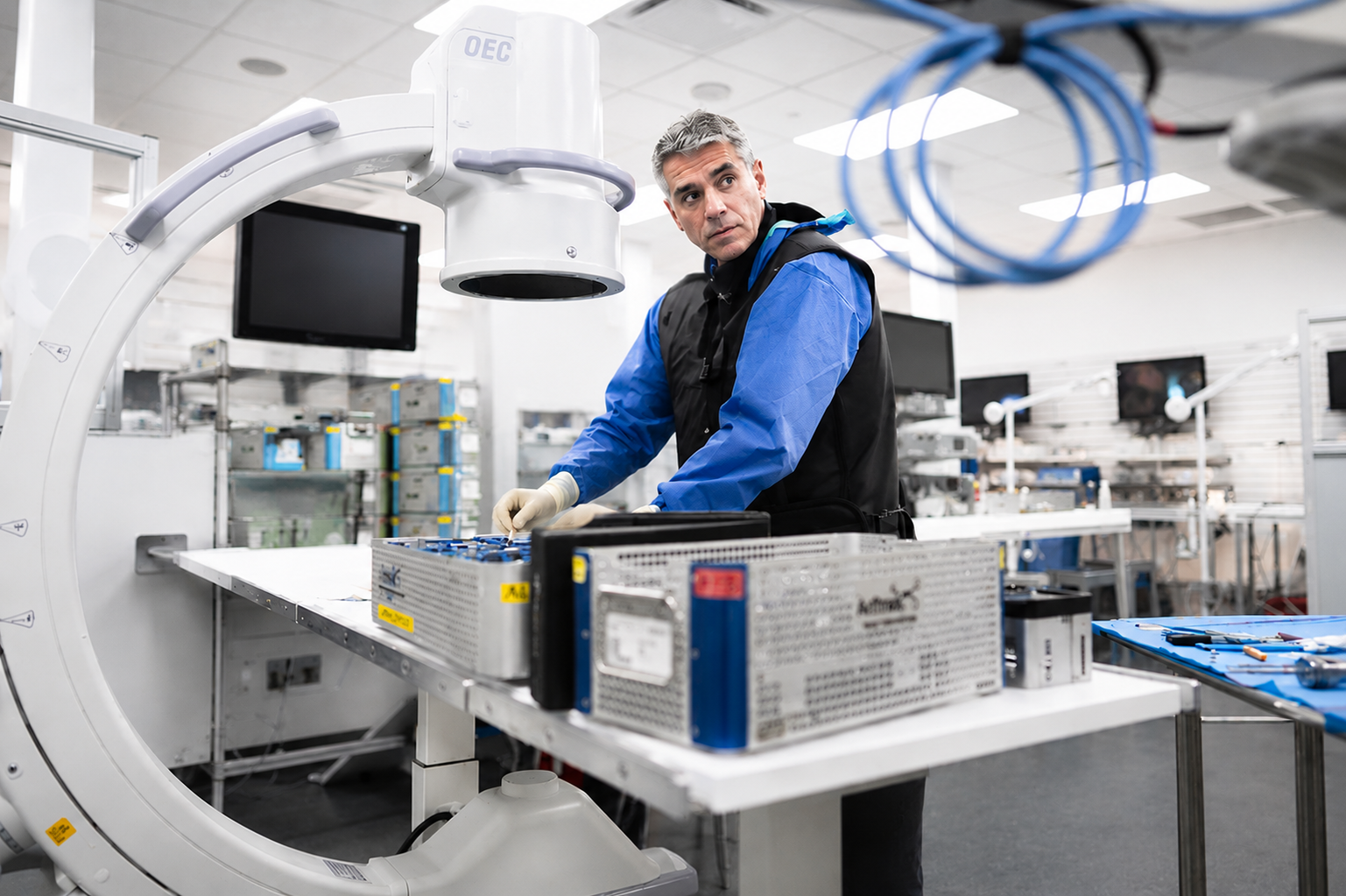 Veterinary surgical team working with advanced operating room imaging equipment
